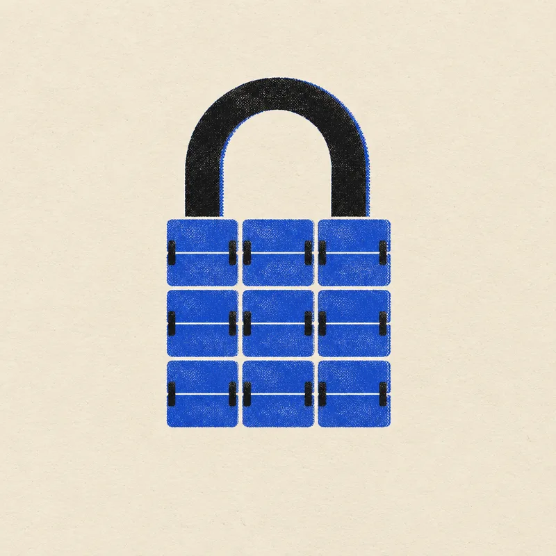 Risograph print of a padlock made of flap tiles